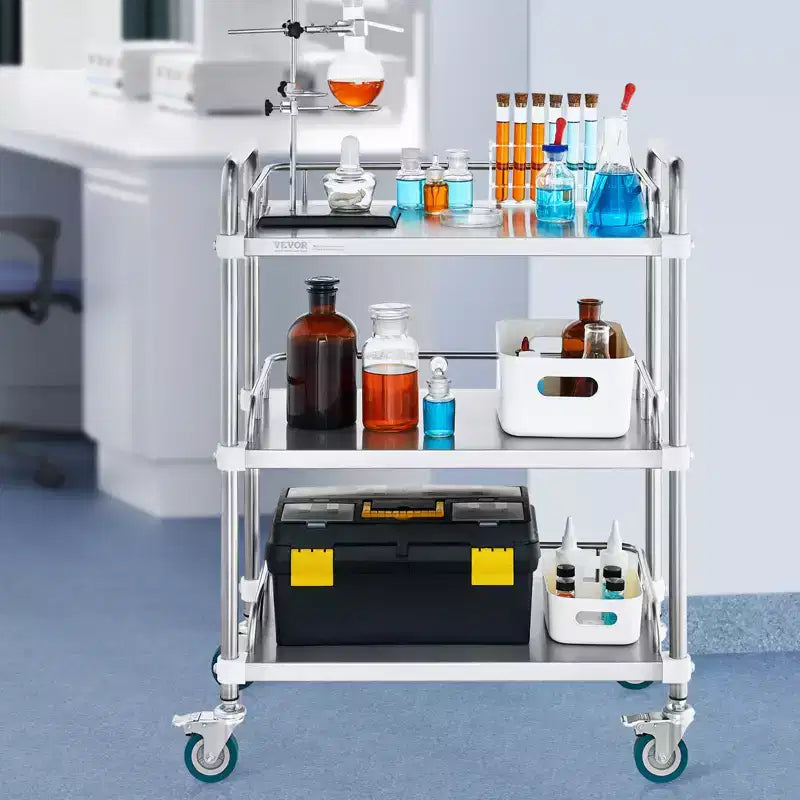 Carrello da laboratorio con rotelle, carrello da trasporto in acciaio inossidabile a 3 ripiani, carrello di servizio da laboratorio, carrello multiuso dentale, laboratorio, ospedale, salone, 67x39.5x86.7 cm