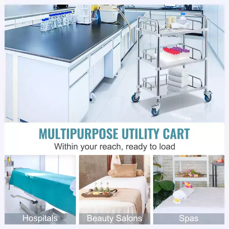 Carrello da laboratorio con rotelle, carrello da trasporto in acciaio inossidabile a 3 ripiani, carrello di servizio da laboratorio, carrello multiuso dentale, laboratorio, ospedale, salone, 67x39.5x86.7 cm