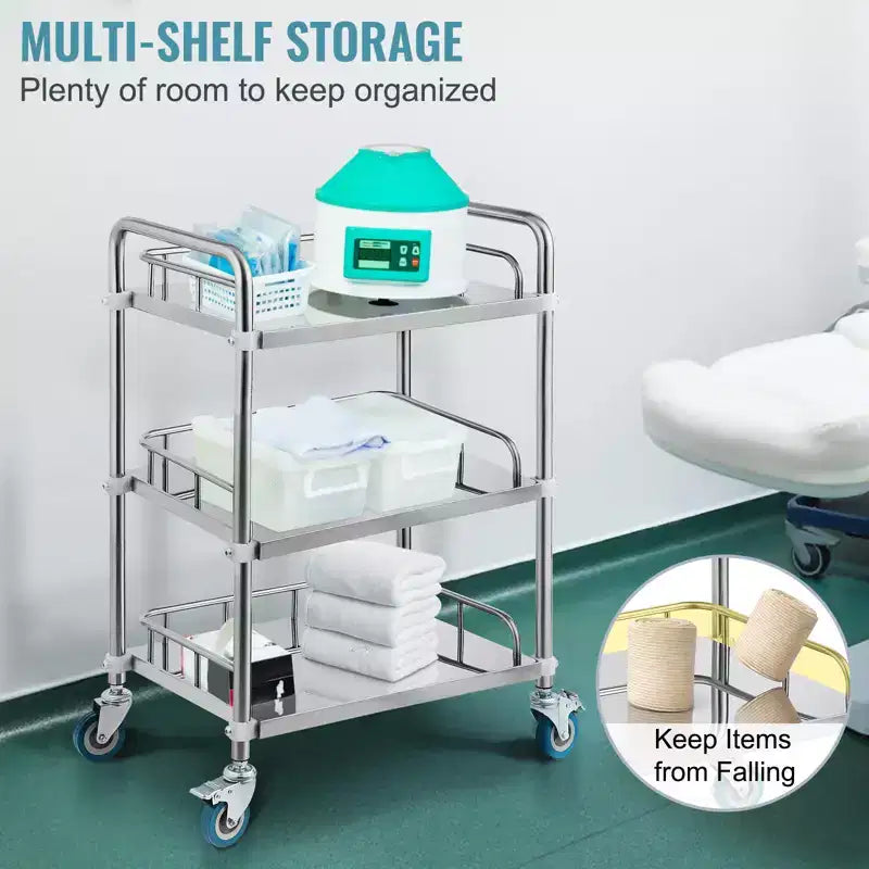 Carrello da laboratorio con rotelle, carrello da trasporto in acciaio inossidabile a 3 ripiani, carrello di servizio da laboratorio, carrello multiuso dentale, laboratorio, ospedale, salone, 67x39.5x86.7 cm