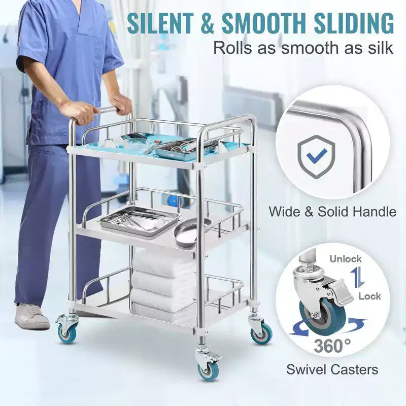 Carrello da laboratorio con rotelle, carrello da trasporto in acciaio inossidabile a 3 ripiani, carrello di servizio da laboratorio, carrello multiuso dentale, laboratorio, ospedale, salone, 67x39.5x86.7 cm