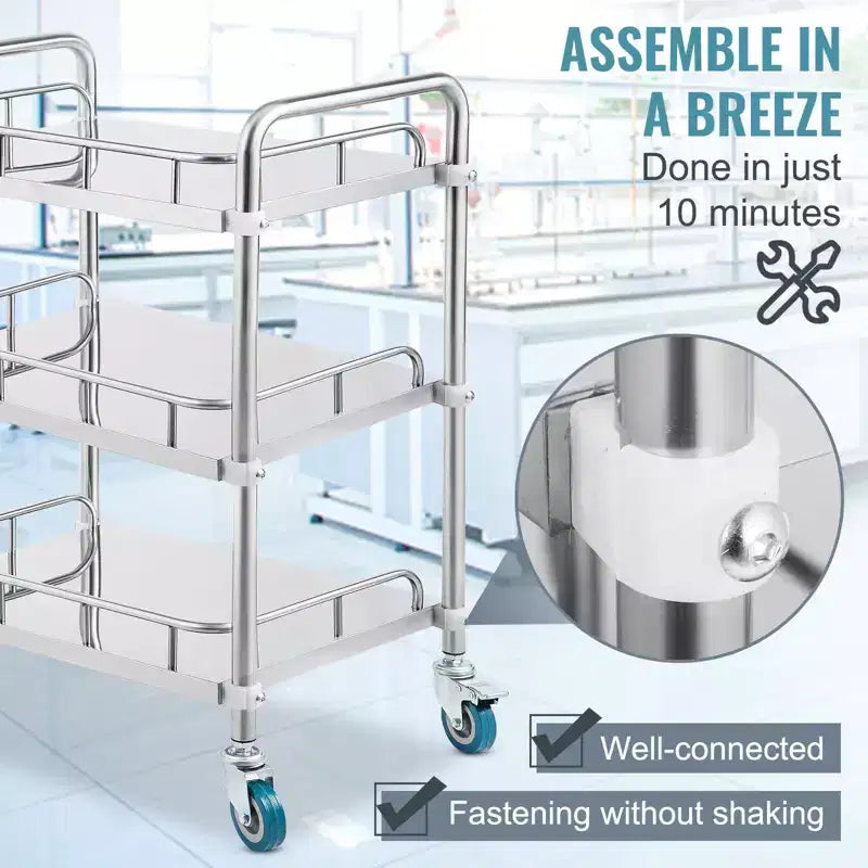 Carrello da laboratorio con rotelle, carrello da trasporto in acciaio inossidabile a 3 ripiani, carrello di servizio da laboratorio, carrello multiuso dentale, laboratorio, ospedale, salone, 67x39.5x86.7 cm