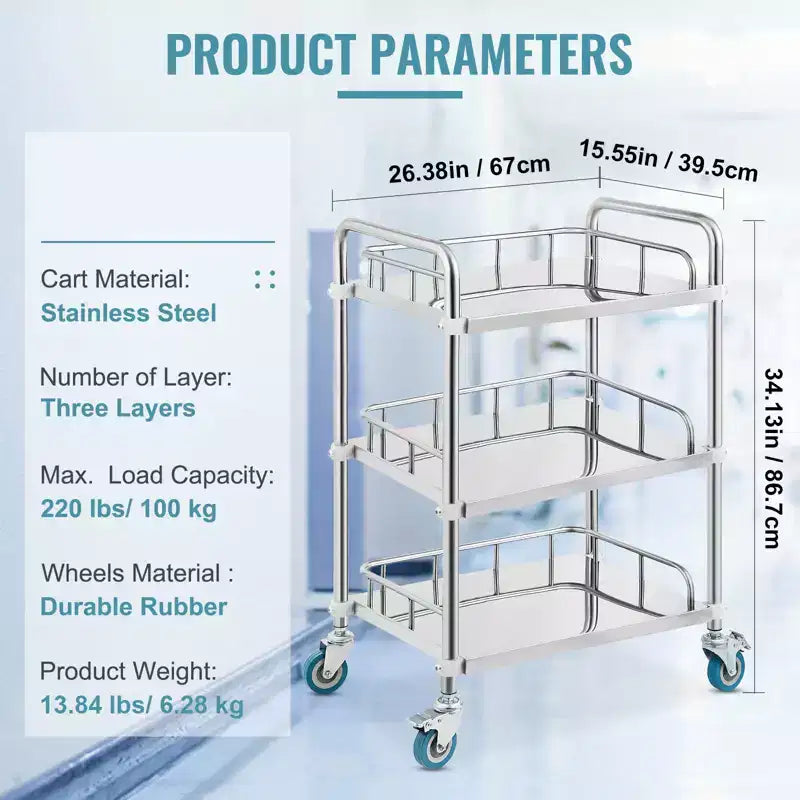 Carrello da laboratorio con rotelle, carrello da trasporto in acciaio inossidabile a 3 ripiani, carrello di servizio da laboratorio, carrello multiuso dentale, laboratorio, ospedale, salone, 67x39.5x86.7 cm