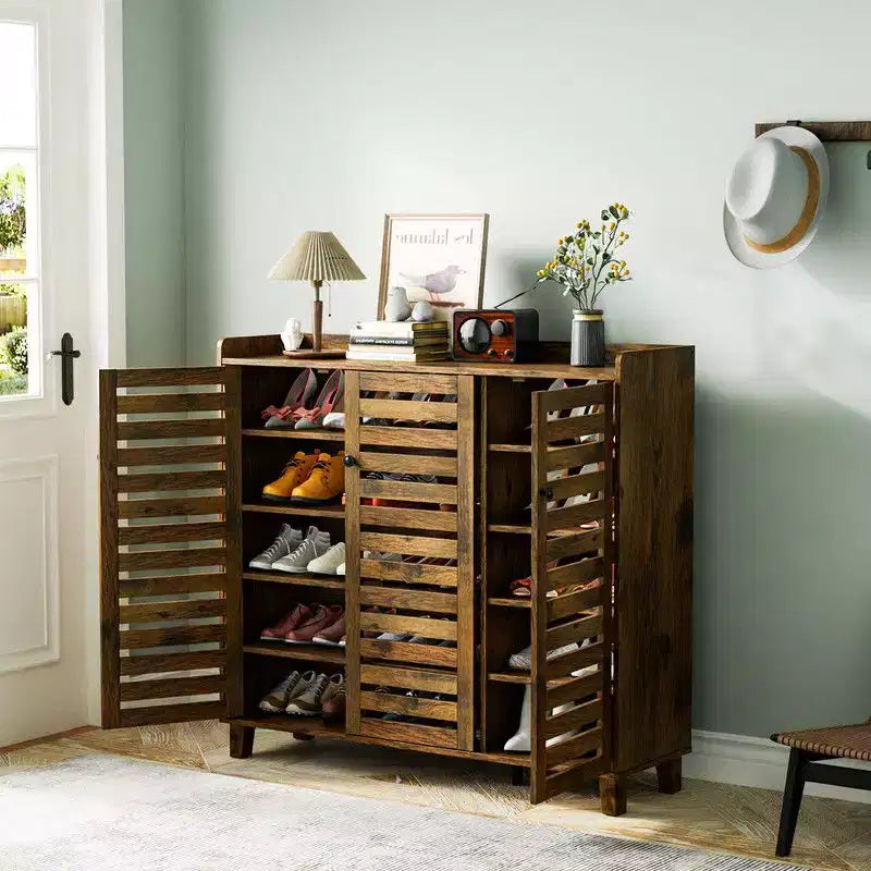 Karl Home | Hidden Shoe Cabinet With 3 Doors 5 Tier Shoe Organizer Rustic Brown
