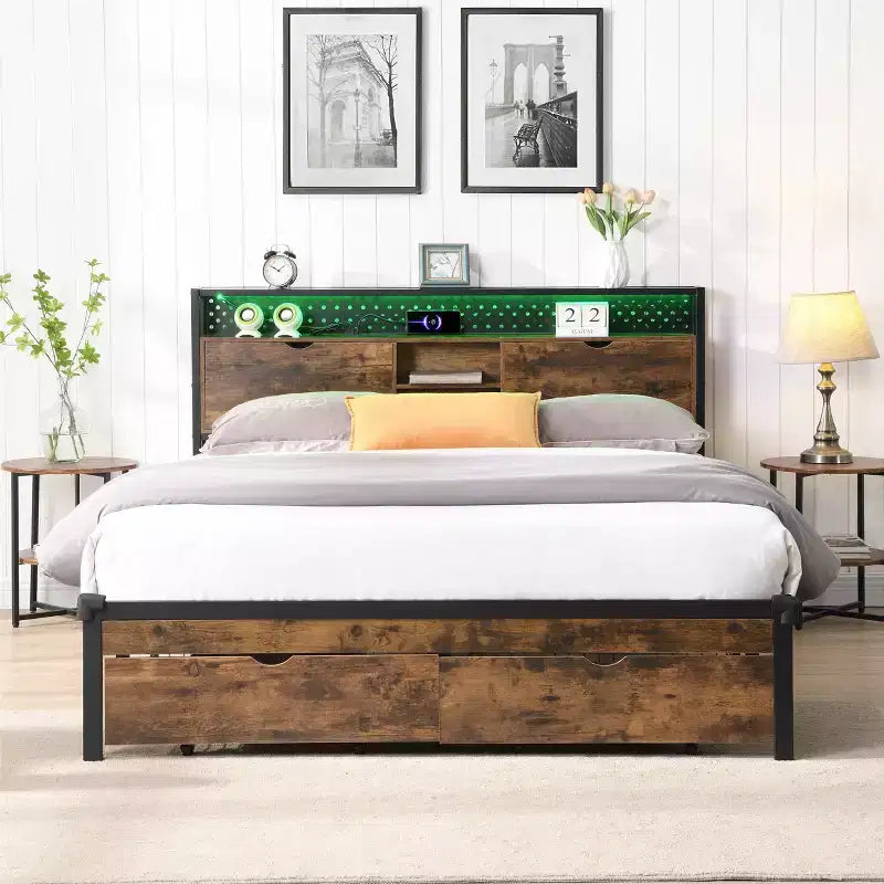 Struttura Letto Matrimoniale King in Metallo con Testiera e Pediera in Legno USB, Struttura Letto con Stazione di Ricarica, Luci LED per Camera da Letto, Marrone Scuro