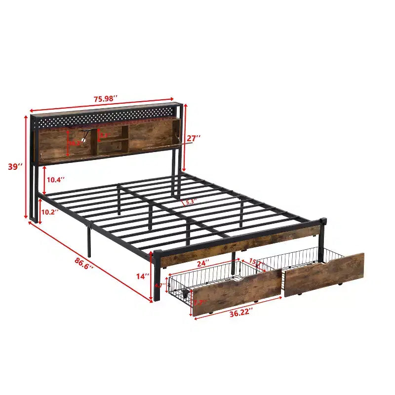 Struttura Letto Matrimoniale King in Metallo con Testiera e Pediera in Legno USB, Struttura Letto con Stazione di Ricarica, Luci LED per Camera da Letto, Marrone Scuro