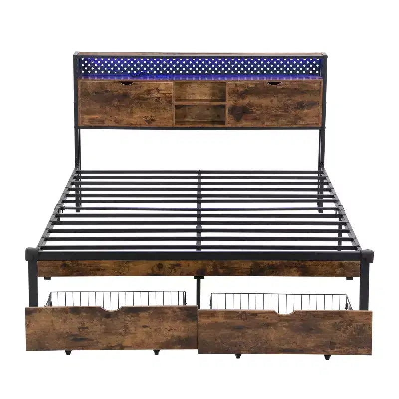 Struttura Letto Matrimoniale King in Metallo con Testiera e Pediera in Legno USB, Struttura Letto con Stazione di Ricarica, Luci LED per Camera da Letto, Marrone Scuro