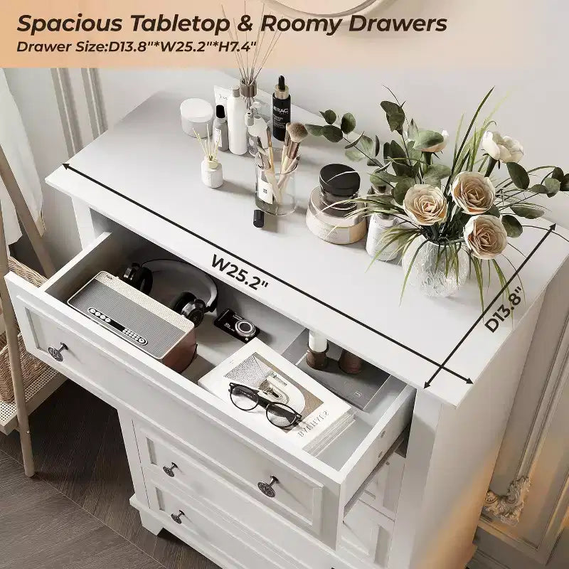 Comò alto a 5 cassetti, cassettiera vintage in legno da 48" con contenitore per camera da letto, corridoio e ripostiglio
