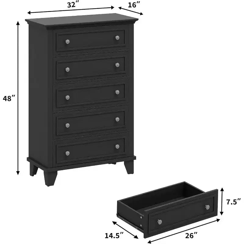 Comò alto a 5 cassetti, cassettiera vintage in legno da 48" con contenitore per camera da letto, corridoio e ripostiglio