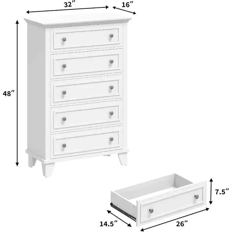 Comò alto a 5 cassetti, cassettiera vintage in legno da 48" con contenitore per camera da letto, corridoio e ripostiglio