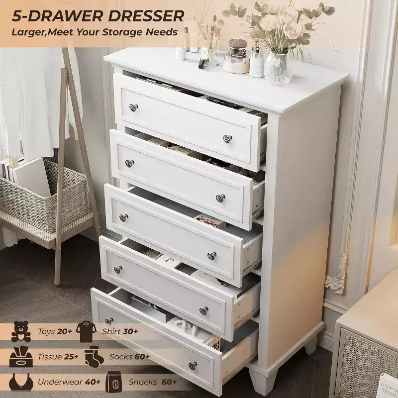 Comò alto a 5 cassetti, cassettiera vintage in legno da 48" con contenitore per camera da letto, corridoio e ripostiglio