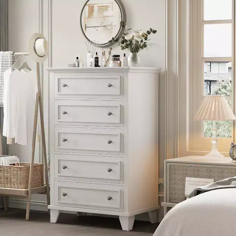 Comò alto a 5 cassetti, cassettiera vintage in legno da 48" con contenitore per camera da letto, corridoio e ripostiglio