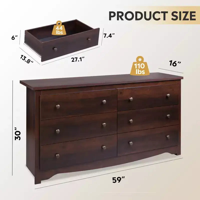 Cassettiera moderna con 6 cassetti, comò in legno largo 150 cm per camera da letto/soggiorno, unità organizer comodino lungo