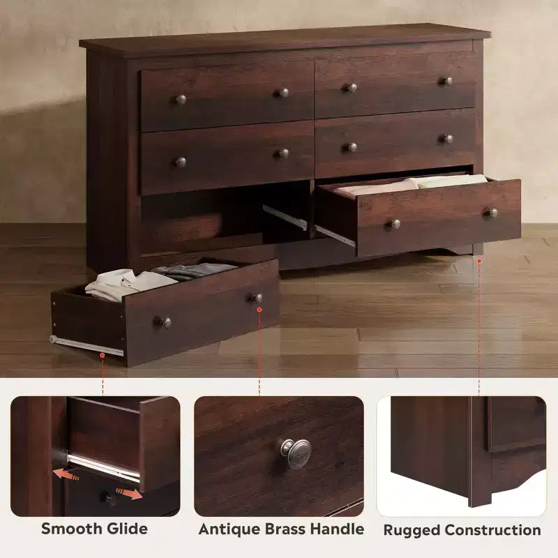 Cassettiera moderna con 6 cassetti, comò in legno largo 150 cm per camera da letto/soggiorno, unità organizer comodino lungo