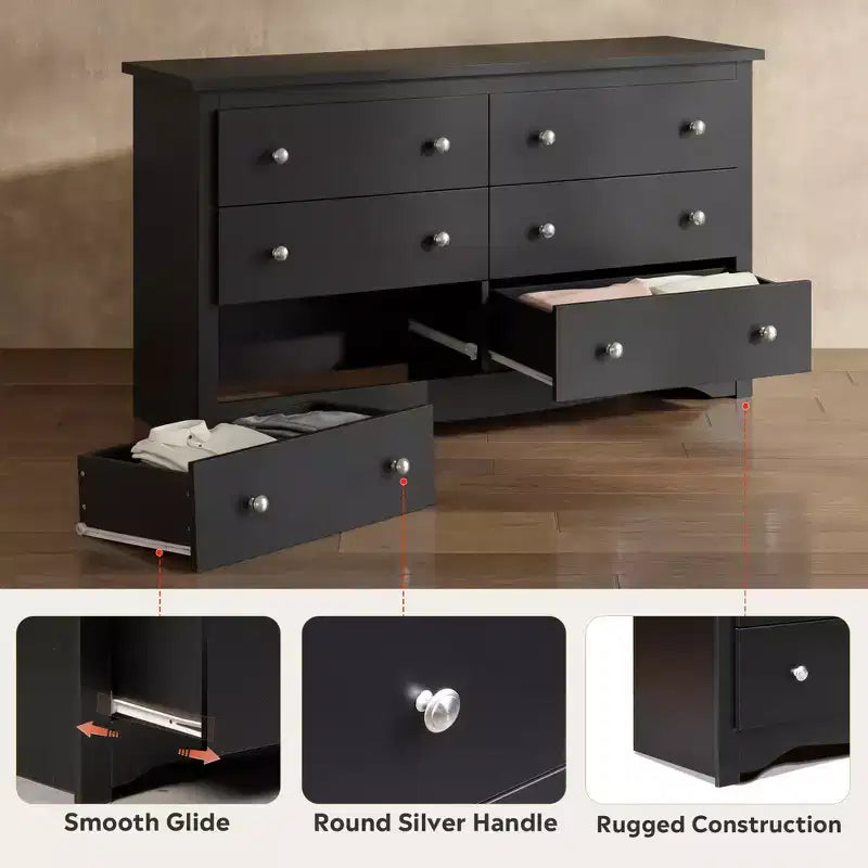 Cassettiera moderna con 6 cassetti, comò in legno largo 150 cm per camera da letto/soggiorno, unità organizer comodino lungo