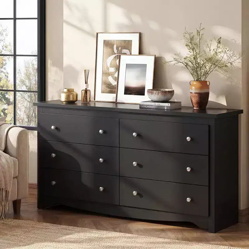 Cassettiera moderna con 6 cassetti, comò in legno largo 150 cm per camera da letto/soggiorno, unità organizer comodino lungo