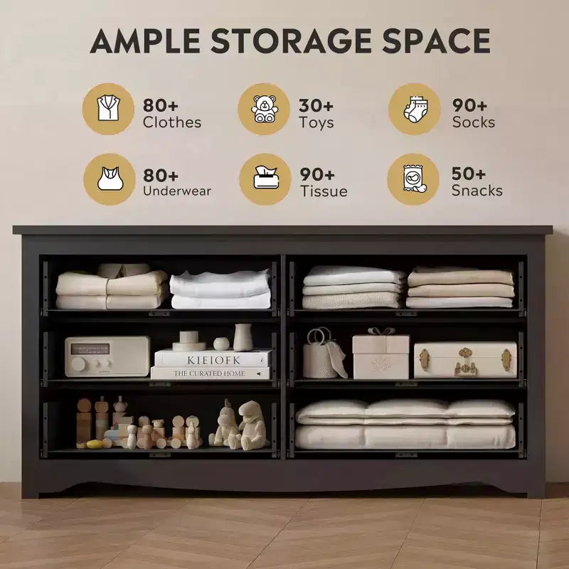 Cassettiera moderna con 6 cassetti, comò in legno largo 150 cm per camera da letto/soggiorno, unità organizer comodino lungo