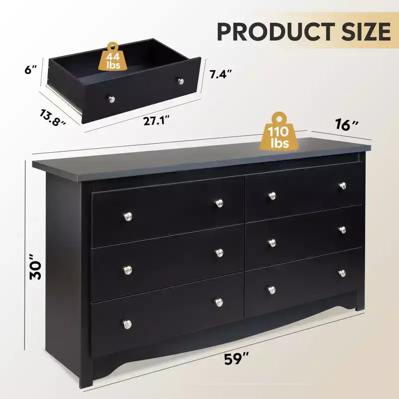Cassettiera moderna con 6 cassetti, comò in legno largo 150 cm per camera da letto/soggiorno, unità organizer comodino lungo