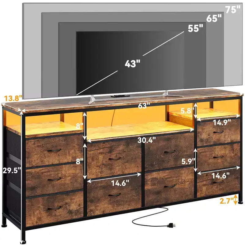 Comò nero da 63,3 pollici per camera da letto, comò a 10 cassetti porta TV per TV da 65, 70, 75 pollici, cassettiera in tessuto con luci LED e prese di corrente