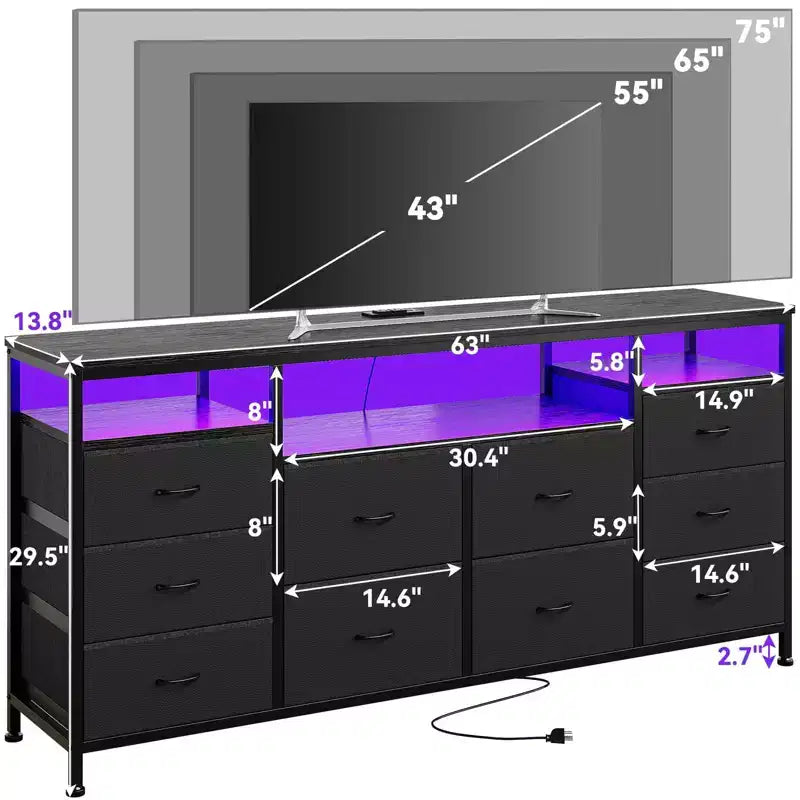 Comò nero da 63,3 pollici per camera da letto, comò a 10 cassetti porta TV per TV da 65, 70, 75 pollici, cassettiera in tessuto con luci LED e prese di corrente