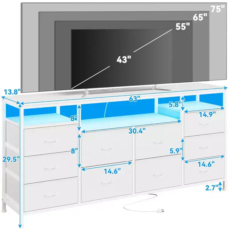 Comò nero da 63,3 pollici per camera da letto, comò a 10 cassetti porta TV per TV da 65, 70, 75 pollici, cassettiera in tessuto con luci LED e prese di corrente