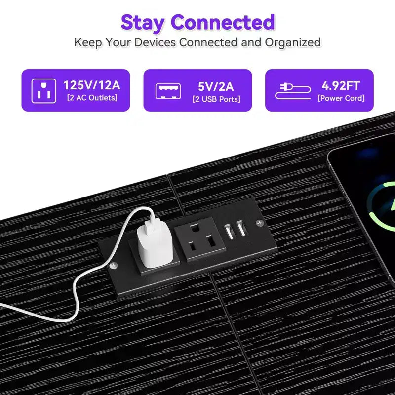 Comò nero da 63,3 pollici per camera da letto, comò a 10 cassetti porta TV per TV da 65, 70, 75 pollici, cassettiera in tessuto con luci LED e prese di corrente