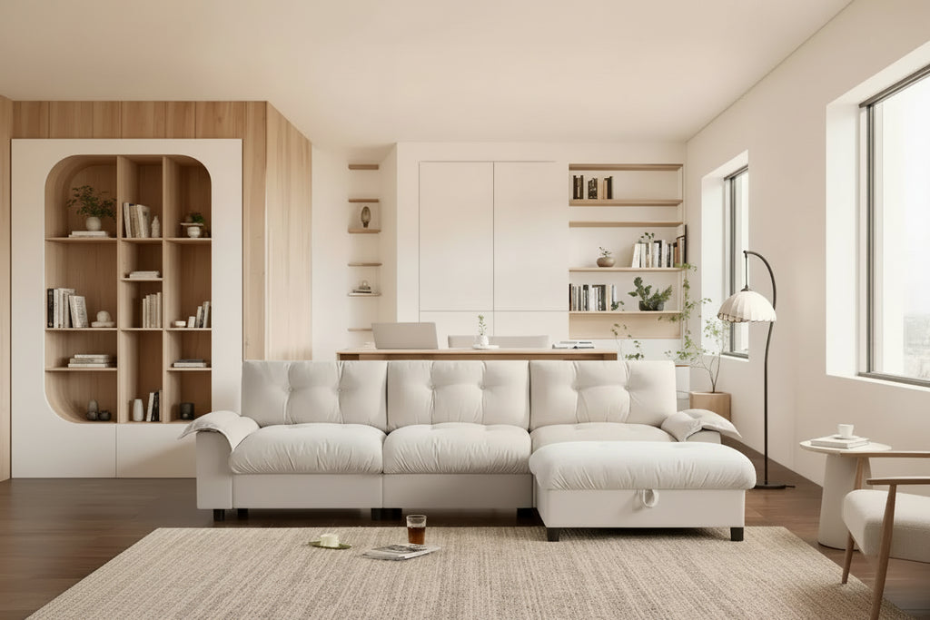 Divano componibile moderno a forma di L, divano Cloud imbottito con porte di ricarica e portabicchieri e tasche laterali e poggiapiedi contenitore mobile
