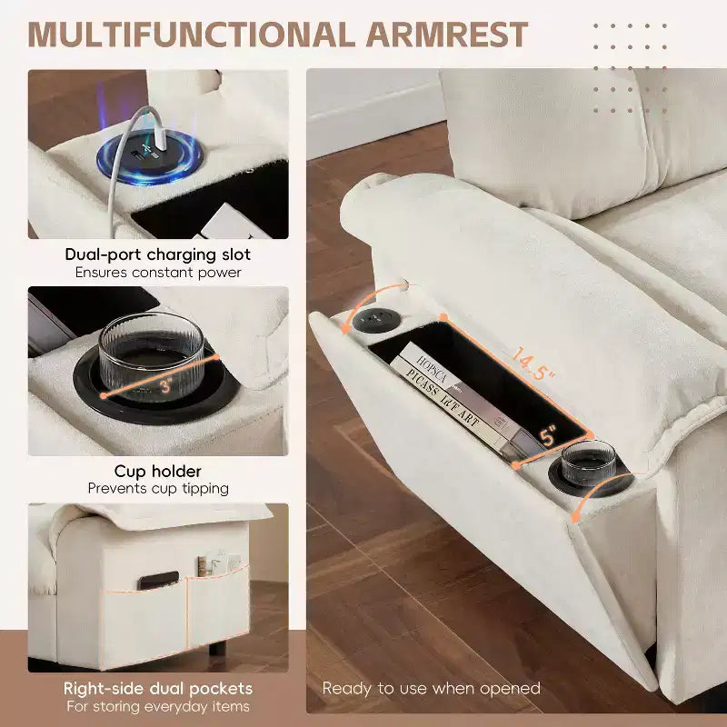 Divano componibile moderno a forma di L, divano Cloud imbottito con porte di ricarica e portabicchieri e tasche laterali e poggiapiedi contenitore mobile