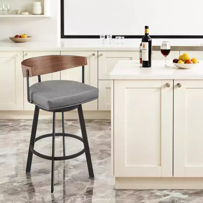 Sedia da bar girevole ad altezza bancone con schienale basso in finta pelle e ferro, grigio marrone e nero, da 30 pollici