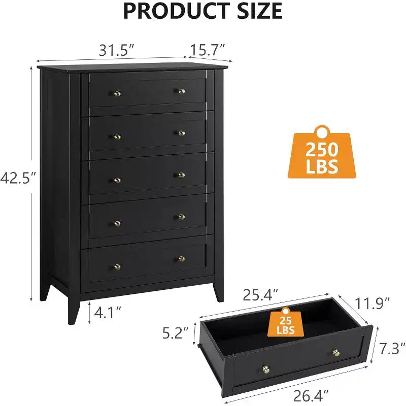 Comò a 5 cassetti per camera da letto, cassettiera alta in legno stile rustico per vestiti, organizer grande con maniglie dorate per camera da letto