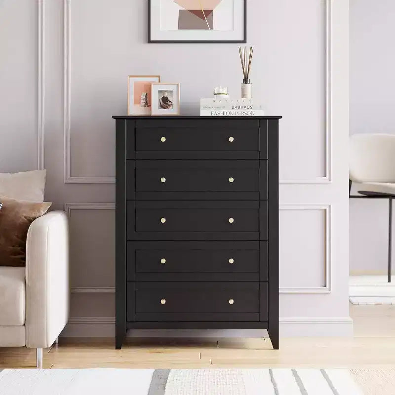 Comò a 5 cassetti per camera da letto, cassettiera alta in legno stile rustico per vestiti, organizer grande con maniglie dorate per camera da letto