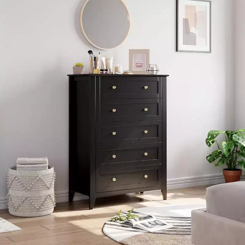 Comò a 5 cassetti per camera da letto, cassettiera alta in legno stile rustico per vestiti, organizer grande con maniglie dorate per camera da letto