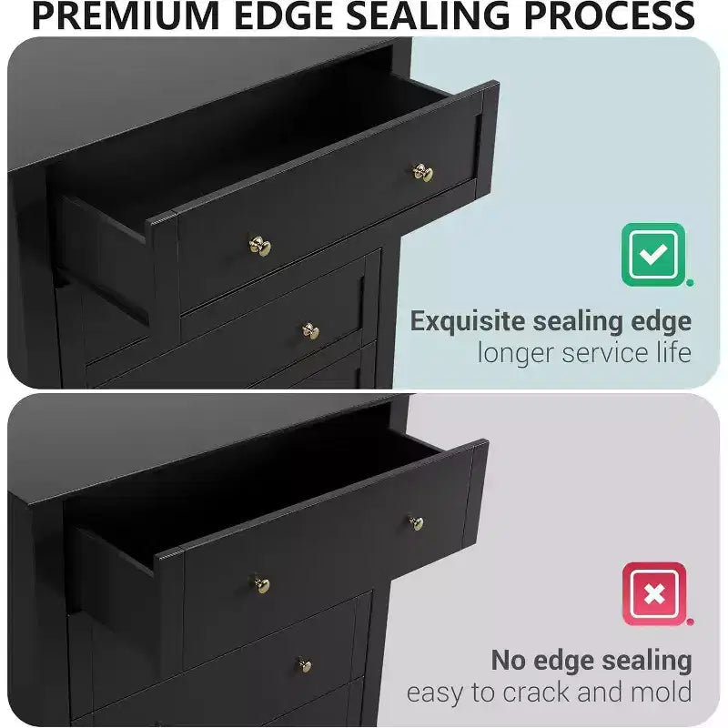 Comò a 5 cassetti per camera da letto, cassettiera alta in legno stile rustico per vestiti, organizer grande con maniglie dorate per camera da letto