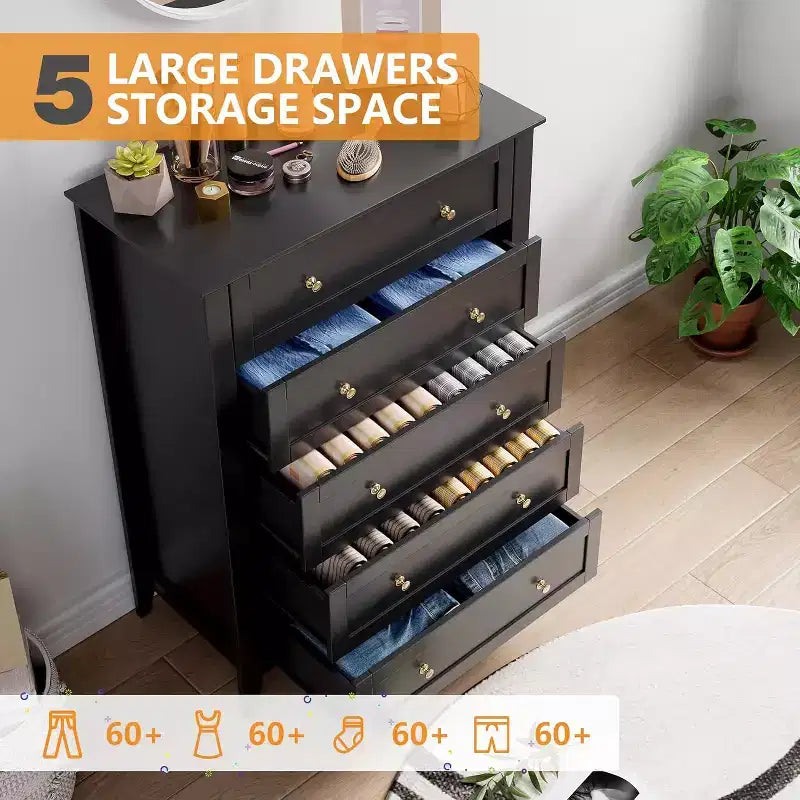 Comò a 5 cassetti per camera da letto, cassettiera alta in legno stile rustico per vestiti, organizer grande con maniglie dorate per camera da letto