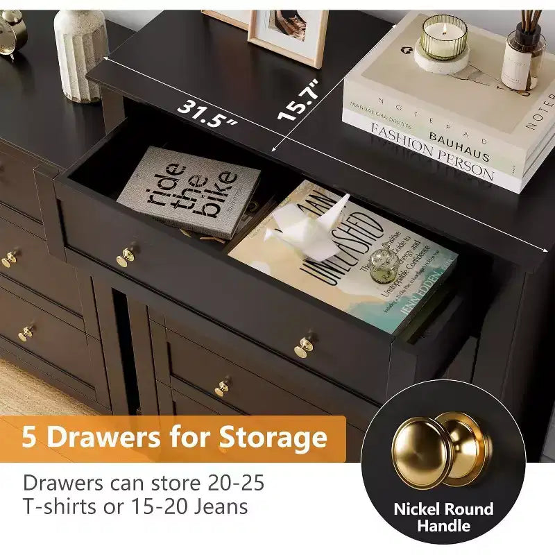Comò a 5 cassetti per camera da letto, cassettiera alta in legno stile rustico per vestiti, organizer grande con maniglie dorate per camera da letto