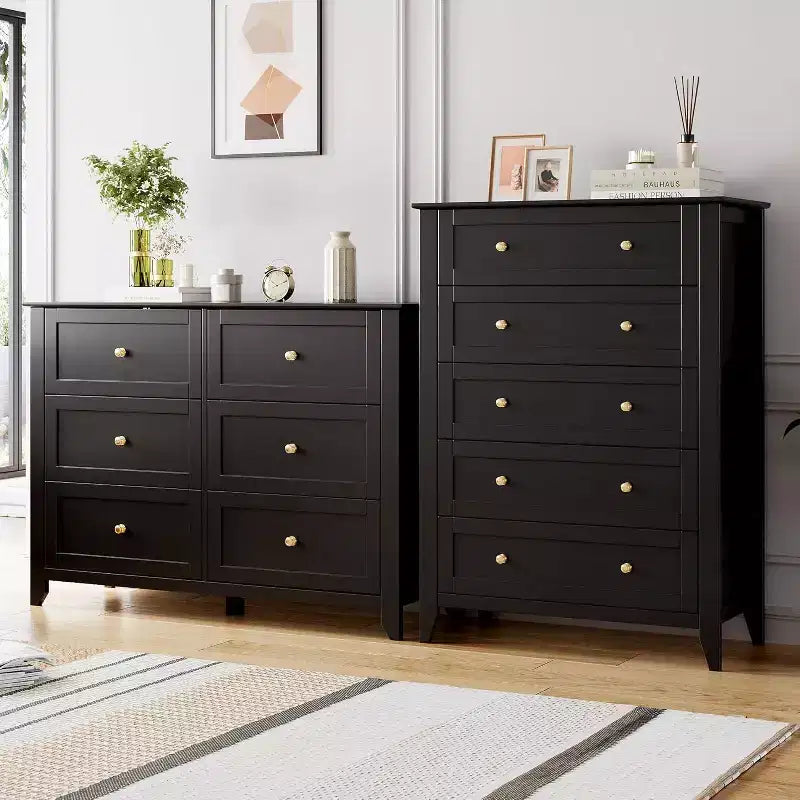 Comò a 5 cassetti per camera da letto, cassettiera alta in legno stile rustico per vestiti, organizer grande con maniglie dorate per camera da letto