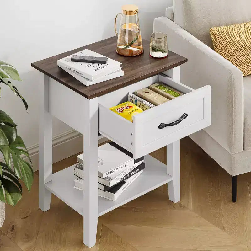 Comodini (confezione da 2), tavolini/mobili d'appoggio per soggiorno con cassetto, design industriale, comodini con ripiano, tavolini per camera da letto, dormitorio, grigio