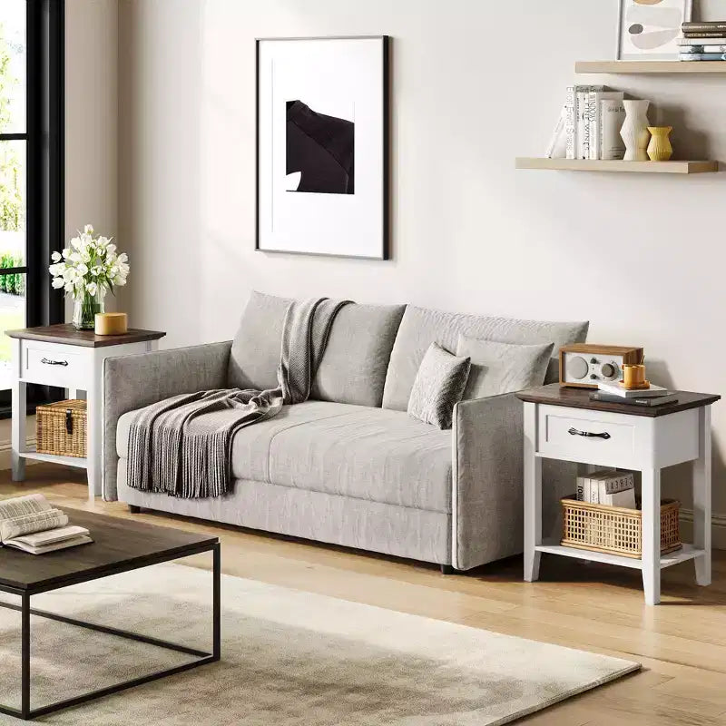 Comodini (confezione da 2), tavolini/mobili d'appoggio per soggiorno con cassetto, design industriale, comodini con ripiano, tavolini per camera da letto, dormitorio, grigio