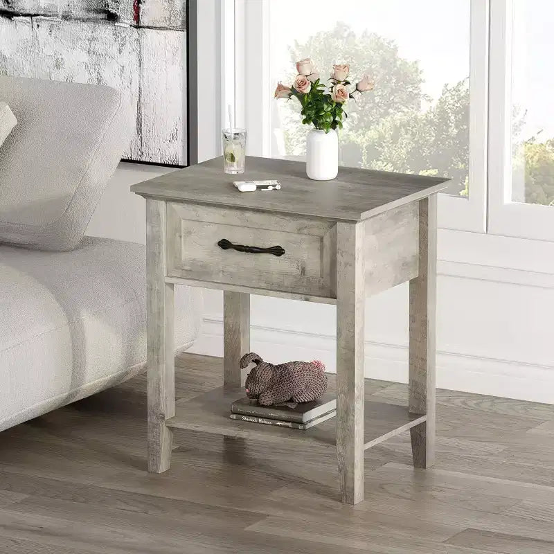 Comodini (confezione da 2), tavolini/mobili d'appoggio per soggiorno con cassetto, design industriale, comodini con ripiano, tavolini per camera da letto, dormitorio, grigio