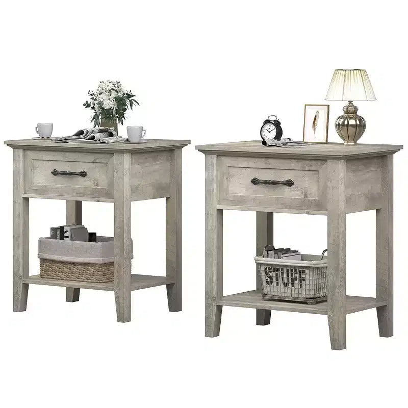 Set of 2 Nightstands, End Side Tables Living Room with Drawer, Industrial Design, Night Stands with Shelf, Bedside Tables for Bedroom, Dorm, Grey