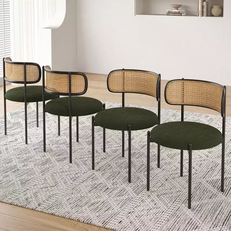 2 Pezzi Sedie da Pranzo Moderne Imbottite Schienale in Rattan Sedie da Pranzo Accento Sedie da Cucina con Gambe in Metallo Verde