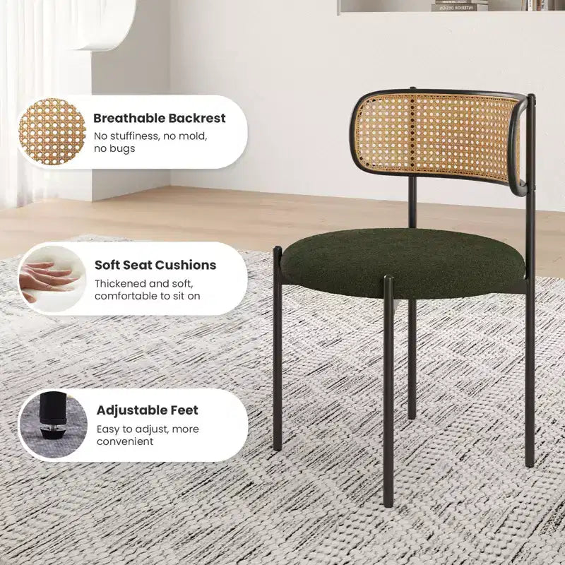 2 Pezzi Sedie da Pranzo Moderne Imbottite Schienale in Rattan Sedie da Pranzo Accento Sedie da Cucina con Gambe in Metallo Verde