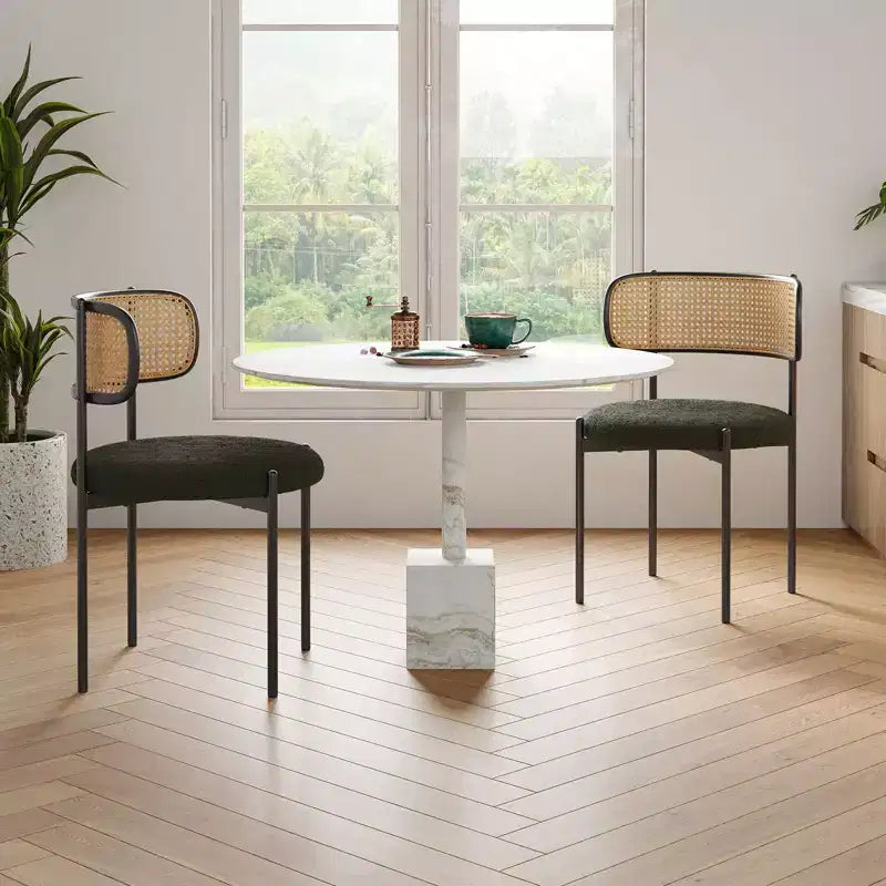 2 Pezzi Sedie da Pranzo Moderne Imbottite Schienale in Rattan Sedie da Pranzo Accento Sedie da Cucina con Gambe in Metallo Verde