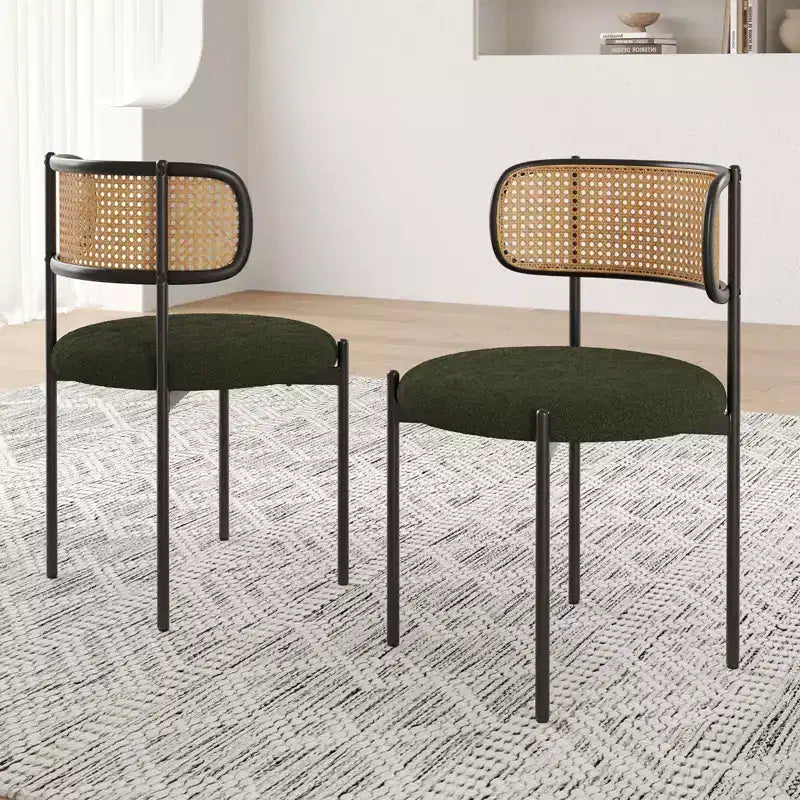 2 Pezzi Sedie da Pranzo Moderne Imbottite Schienale in Rattan Sedie da Pranzo Accento Sedie da Cucina con Gambe in Metallo Verde