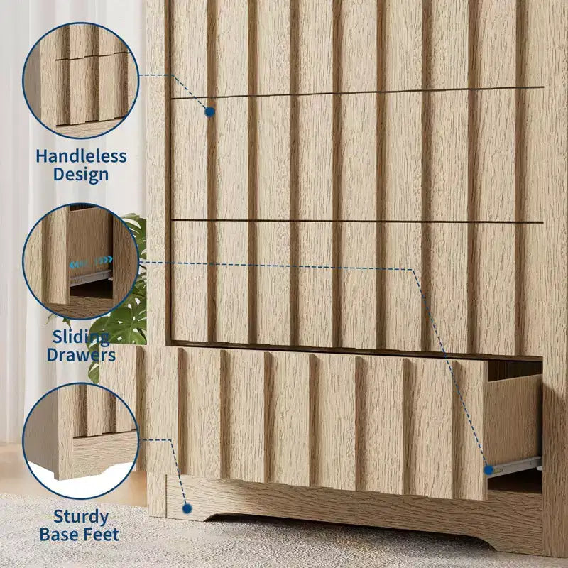 Cassettiera verticale alta da 32 pollici con profilo curvo, 5 cassetti per bagno in legno