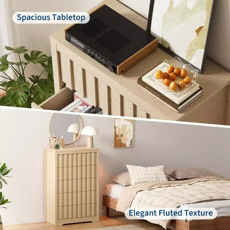 Cassettiera verticale alta da 32 pollici con profilo curvo, 5 cassetti per bagno in legno