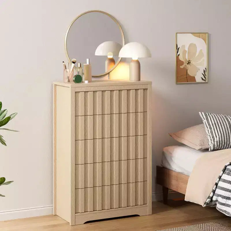 Cassettiera verticale alta da 32 pollici con profilo curvo, 5 cassetti per bagno in legno