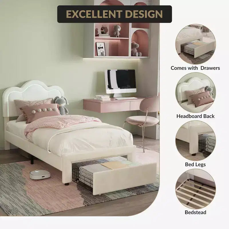 Letto a Piattaforma Matrimoniale Princess in Velluto, con LED Intelligenti e Cassetto
