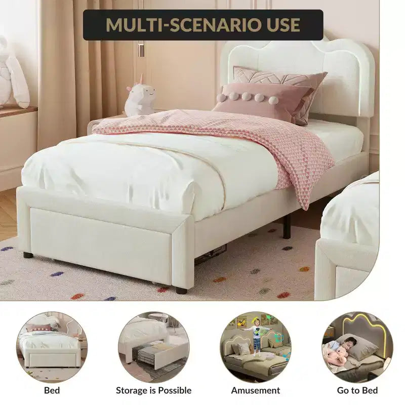 Letto a Piattaforma Matrimoniale Princess in Velluto, con LED Intelligenti e Cassetto