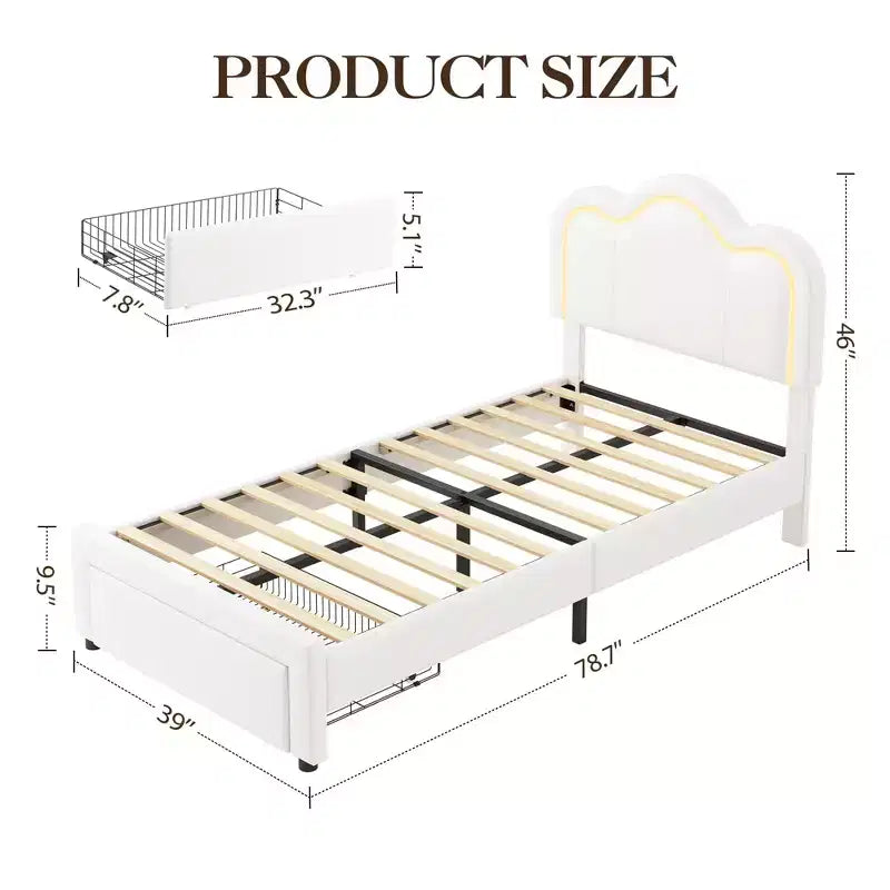 Letto a Piattaforma Matrimoniale Princess in Velluto, con LED Intelligenti e Cassetto