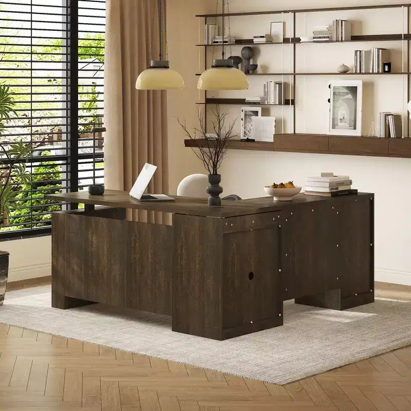 Scrivania angolare regolabile in legno scuro – Scrivania da ufficio per computer – Postazione di lavoro ergonomica per ufficio con vano portaoggetti